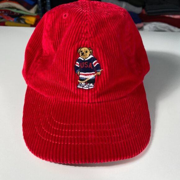 Polo Ralph Lauren Hockey Polo Bear Corduroy Youth Hat Red 4-7 OS - Picture 2 of 5